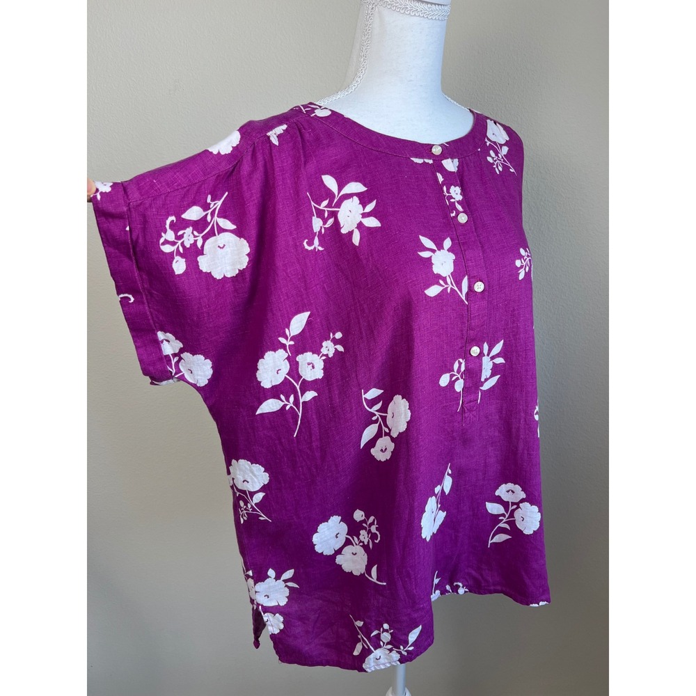 Ann Taylor Purple Floral 100% Linen Blouse Short Sleeve Henley Top Womens Large